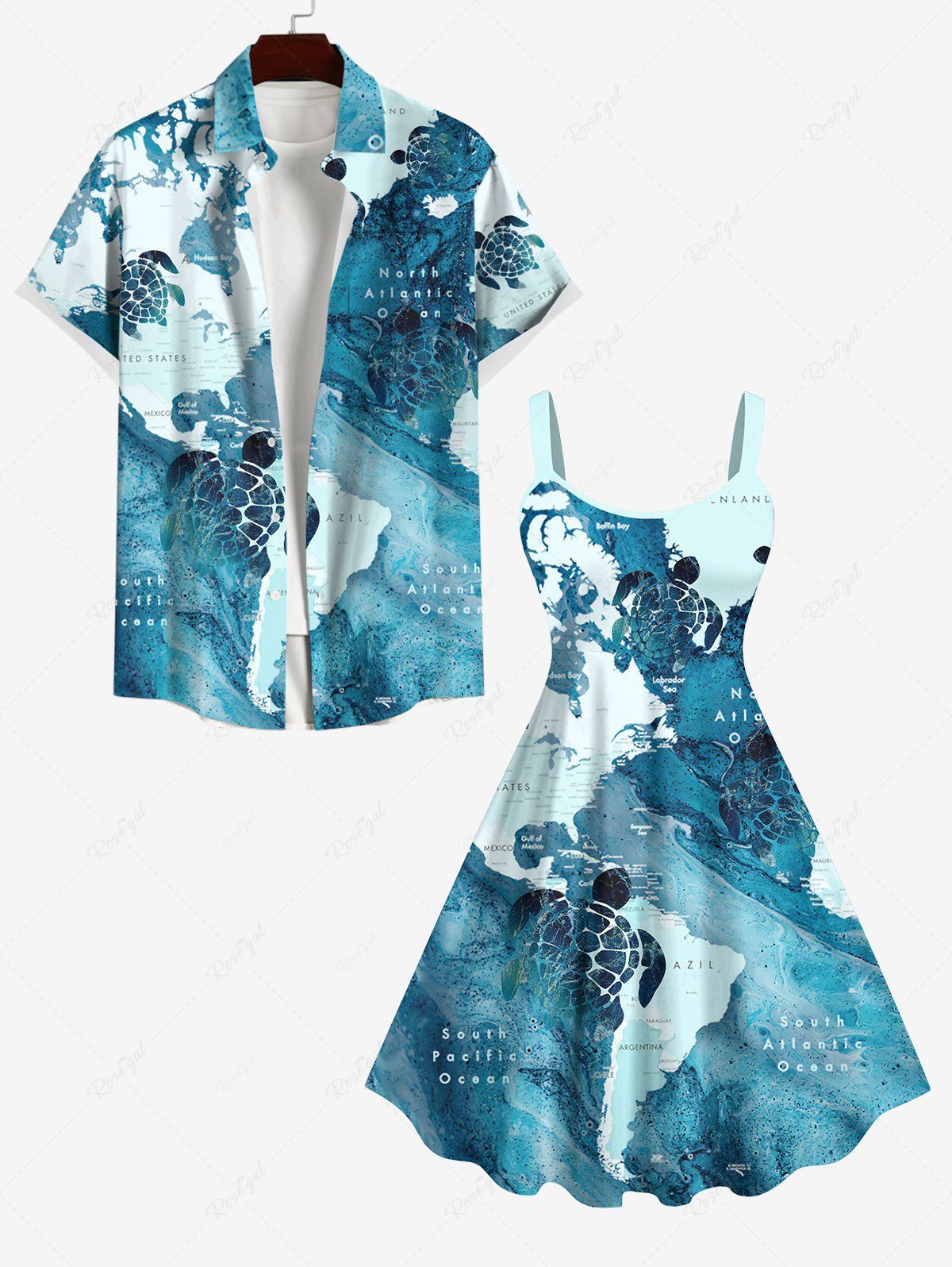 Costume de Plage Grande Taille Imprimé Carte du Monde en Bleu D'océan pour Couples Multi-A 