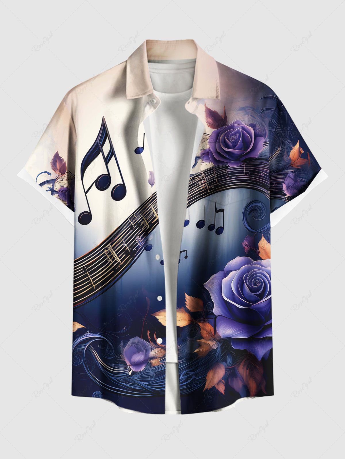 Best Plus Size Rose Flower Leaf Music Symbol Print Ombre Button Pocket Shirt For Men  