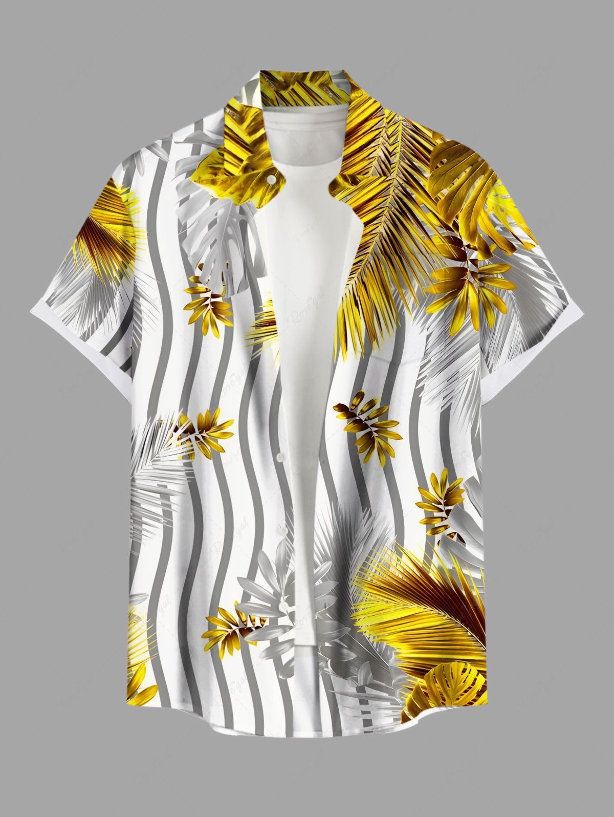 Affordable Plus Size Tropical Leaves Contrast Zig Zag Striped Print Hawaii Button Pocket Shirt For Men  