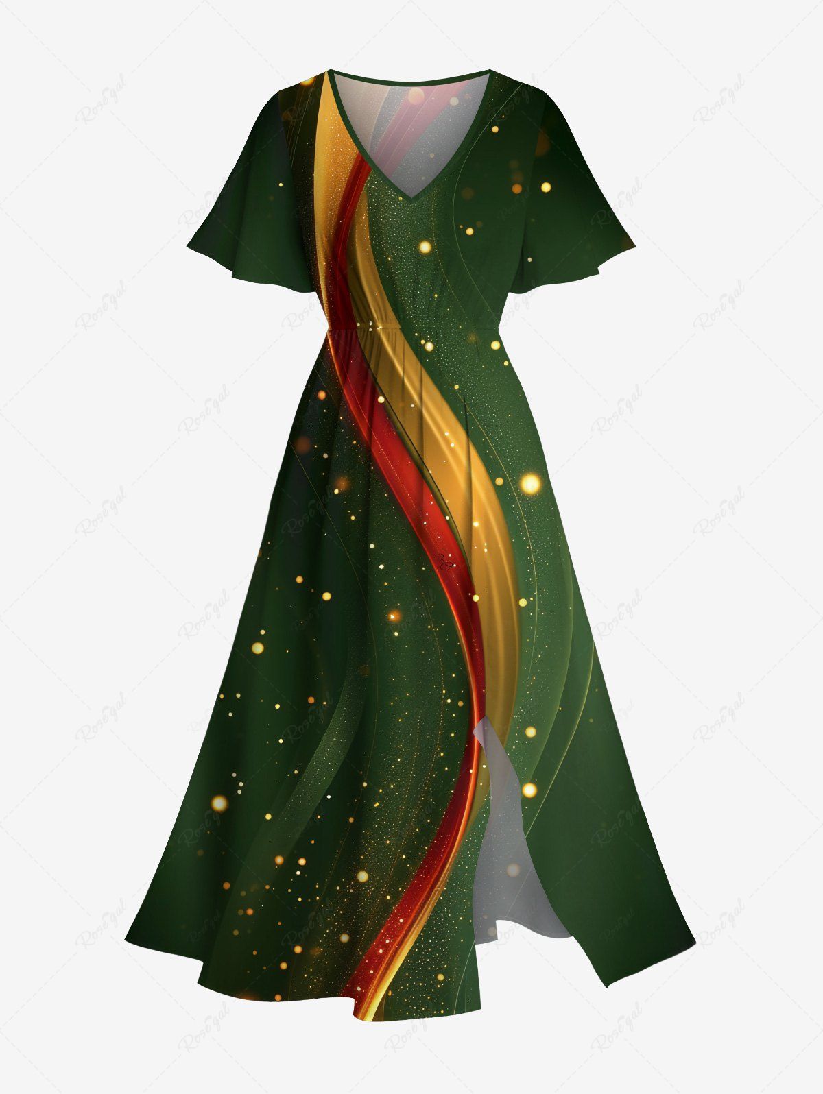Unique Plus Size Curve Ribbon Light Beam Galaxy Print Hawaii Ombre Split Pocket A Line Midi Dress  