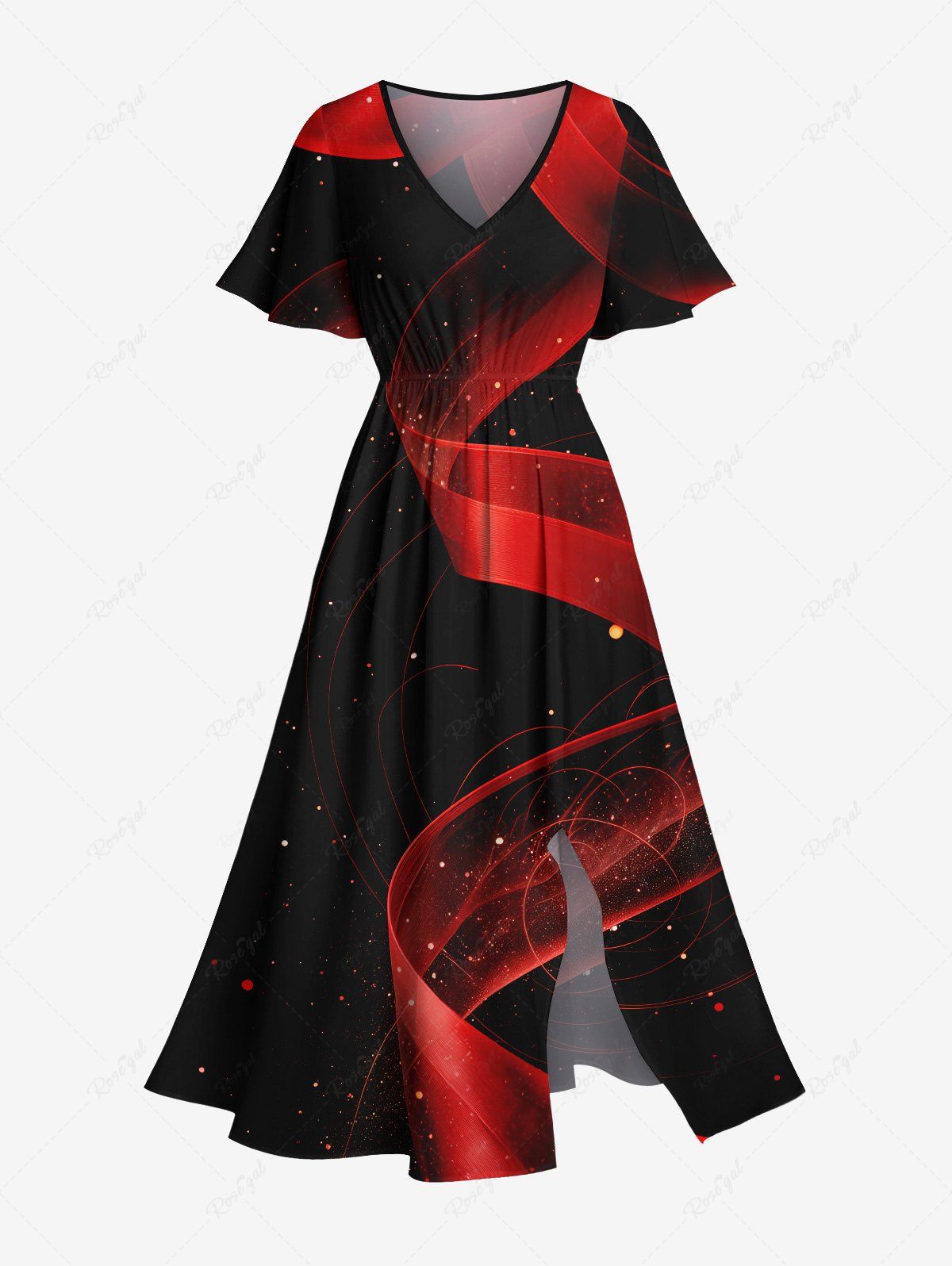 Chic Plus Size Ombre Ribbon Galaxy Print Hawaii Split Pocket A Line Midi Dress  