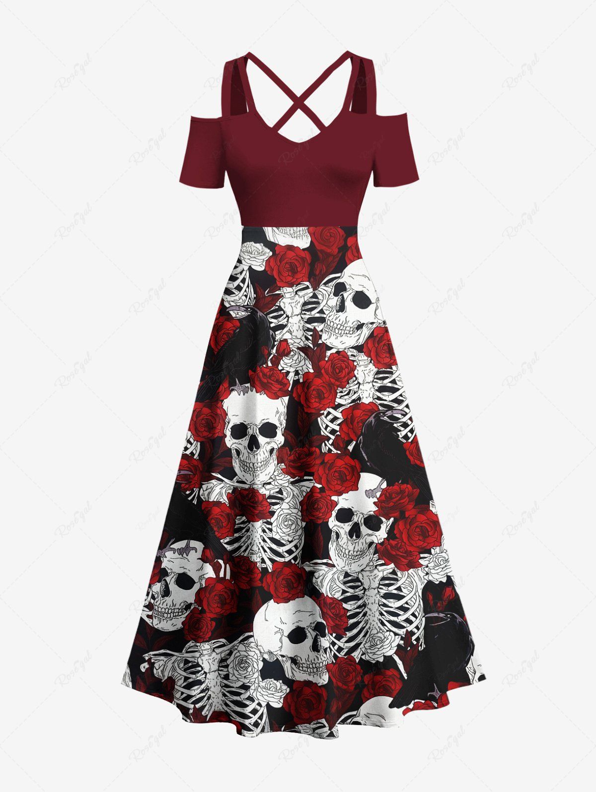 Unique Plus Size Rose Flower Skulls Skeleton Print Cold Shoulder Crisscross Hawaii Maxi Dress  