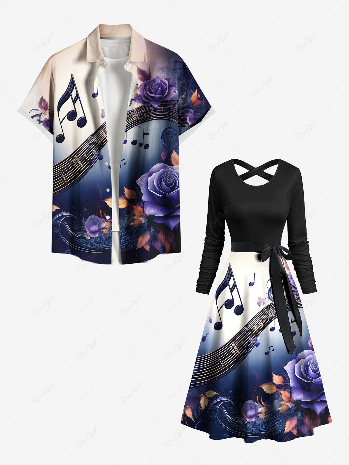 Fancy Rose Flower Leaf Music Symbol Print Plus Size Matching Hawaii Beach Outfit For Couples  