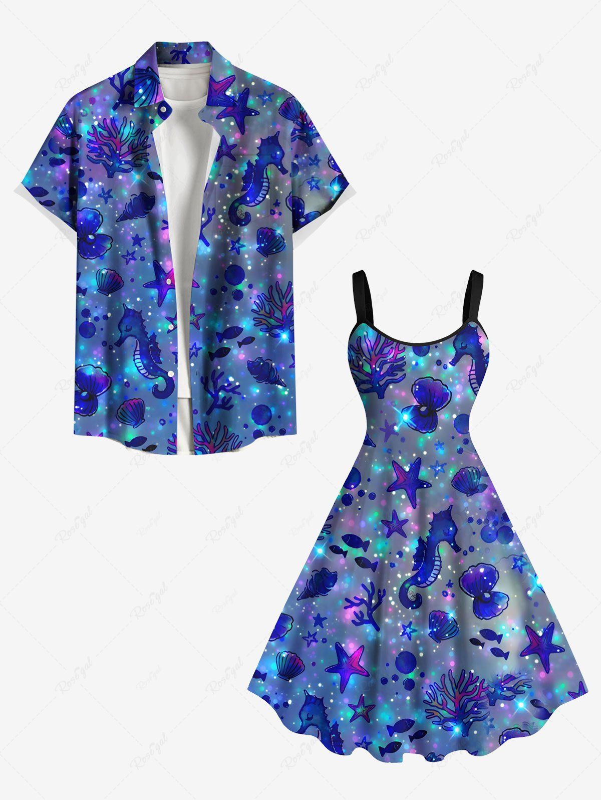 Fond de Plage Transparent Ombré Coquille Etoile de Mer de Grande Taille à Paillettes pour Couple Bleu 