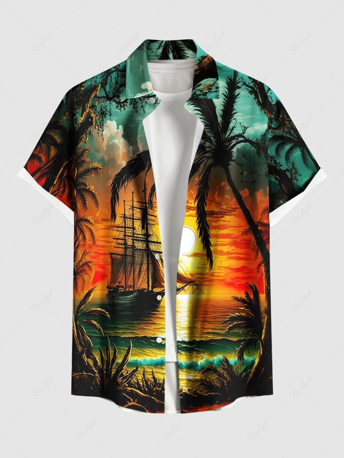 Discount Plus Size Coconut Tree Sun Seascape Cloud Sailboat Print Buttons Pocket Hawaii Shirt For Men  