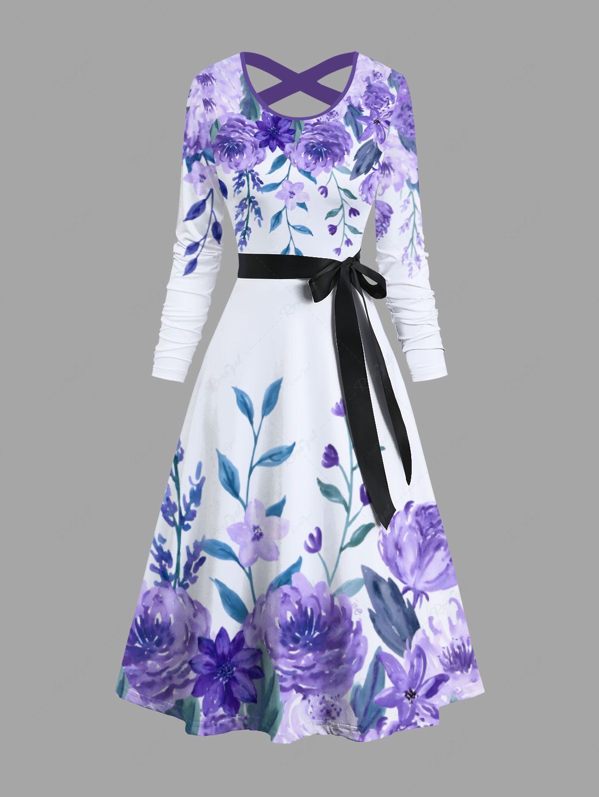 Robe Ligne A Croisée Feuille Fleur Aquarelle avec Ceinture Pourpre  3XL
