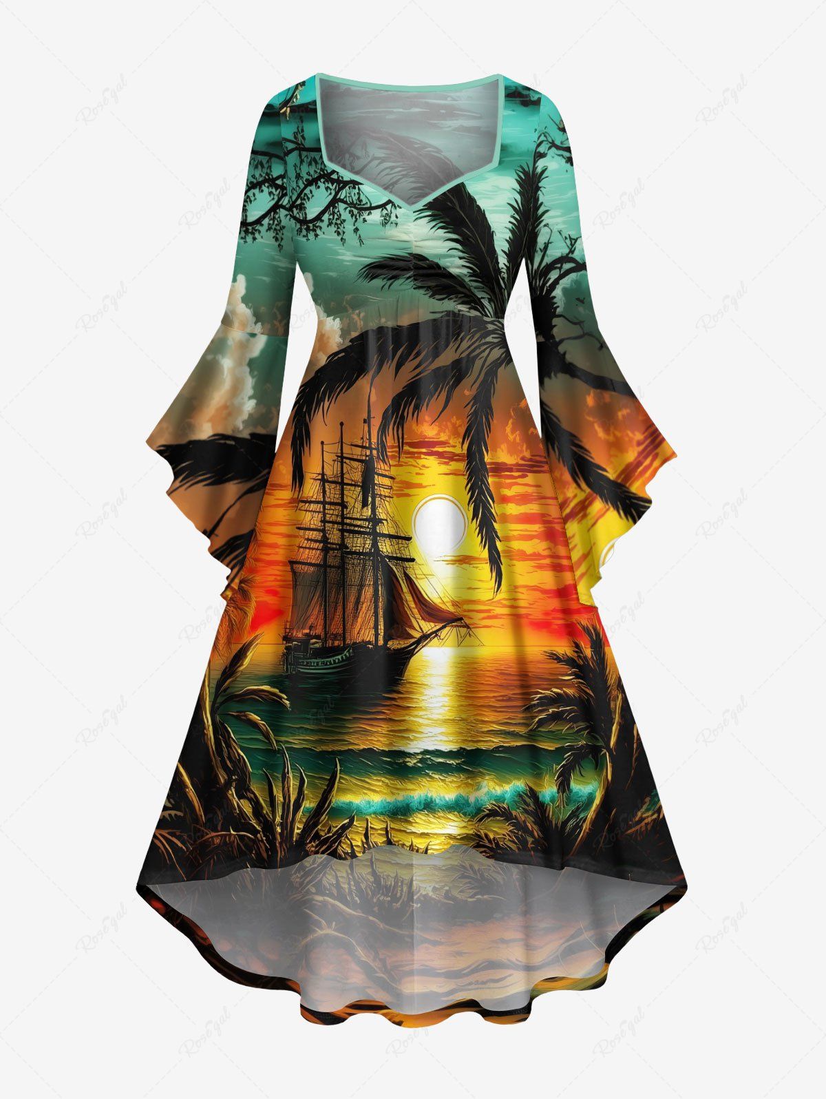 Store Plus Size Coconut Tree Sun Seascape Cloud Sailboat Print Ruched Flare Sleeve Hawaii High Low Dress  