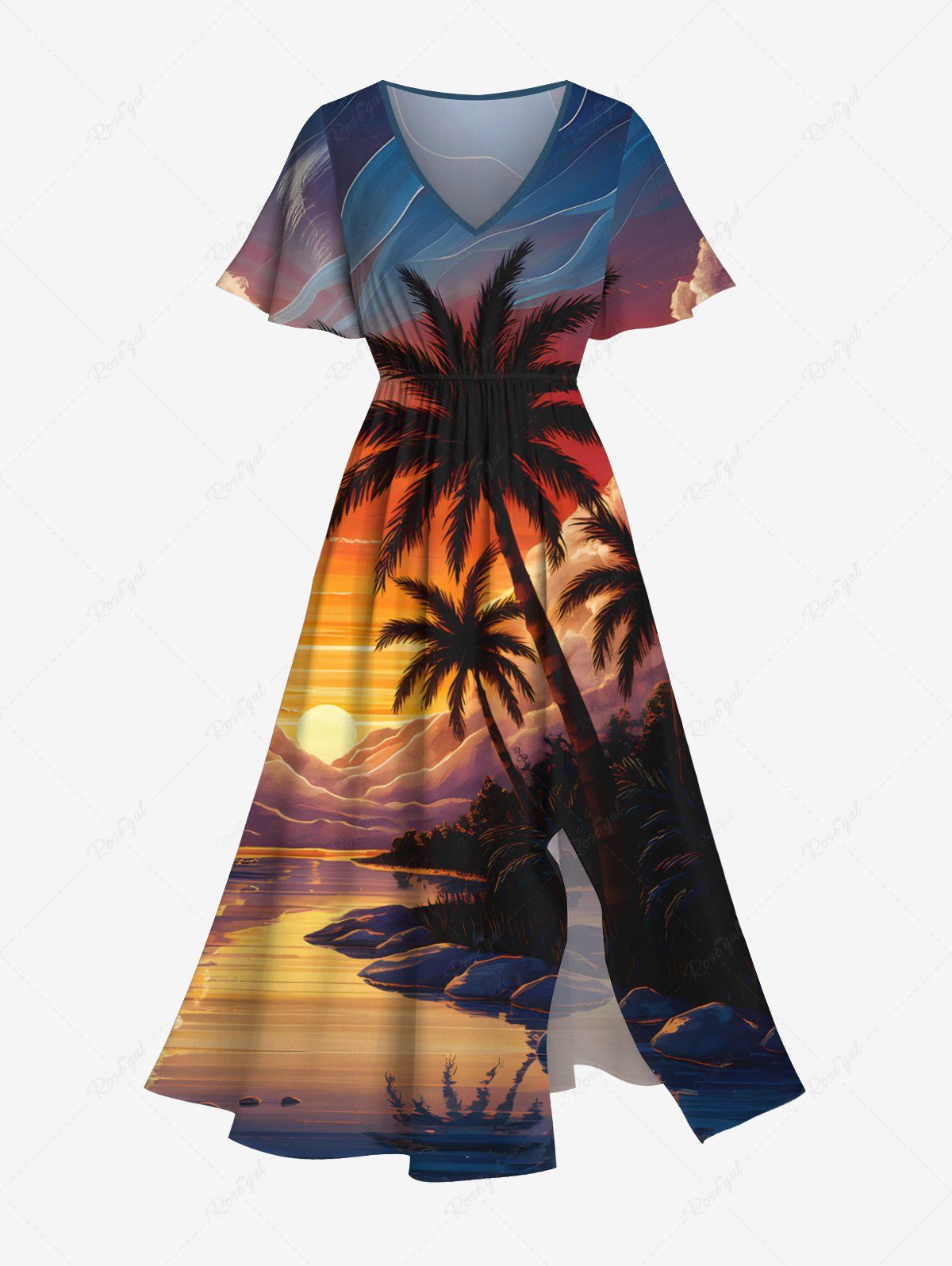 Latest Plus Size Coconut Tree Sun Mountain Cloud Print Split Hawaii Midi Dress  