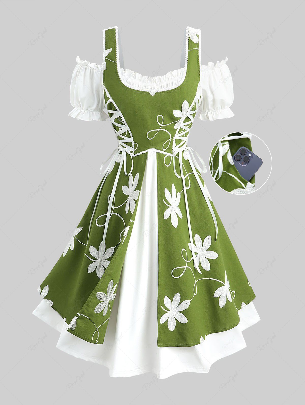 Buy Plus Size Flower Embroidery Lace Up Ruffles Ruched Pocket Cold Shoulder Dress  