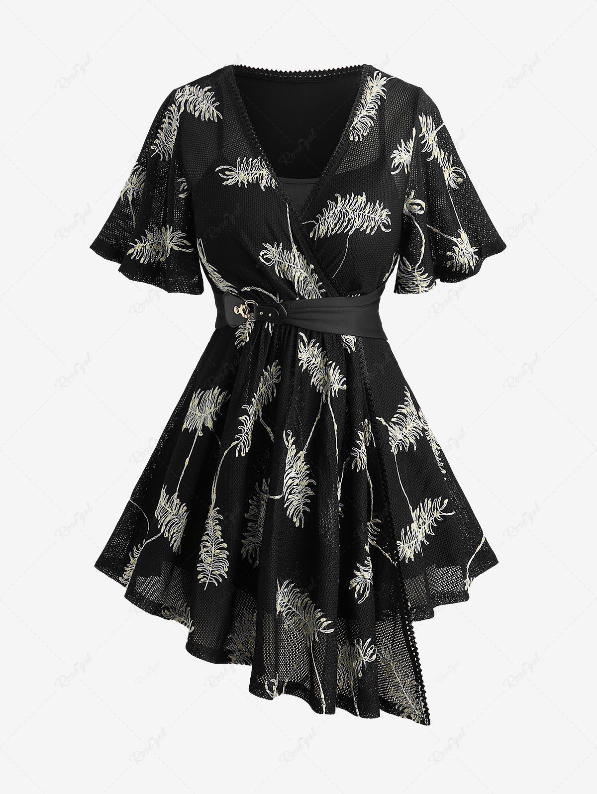 Hot Plus Size Feather Jacquard Embroidery Pointelle Hollow Out Asymmetric Belted Surplice 2 in 1 Top  