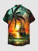 Plus Size Coconut Tree Sun Seascape Cloud Sailboat Print Buttons Pocket Hawaii Shirt For Men -  