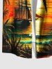 Plus Size Coconut Tree Sun Seascape Cloud Sailboat Print Buttons Pocket Hawaii Shirt For Men -  