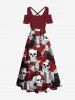 Maxi Robe Croisée Rose Squelette Imprimées à Epaule Dénudée de Grande Taille - Rouge XS