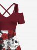 Plus Size Rose Flower Skulls Skeleton Print Cold Shoulder Crisscross Hawaii Maxi Dress -  