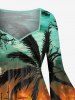 Plus Size Coconut Tree Sun Seascape Cloud Sailboat Print Ruched Flare Sleeve Hawaii High Low Dress -  