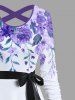 Robe Ligne A Croisée Feuille Fleur Aquarelle avec Ceinture - Pourpre  L