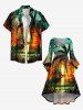 Plus Size Coconut Tree Sun Seascape Cloud Sailboat Print Ruched Flare Sleeve Hawaii High Low Dress -  