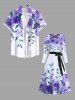 Robe Ligne A Croisée Feuille Fleur Aquarelle avec Ceinture - Pourpre  L