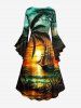 Plus Size Coconut Tree Sun Seascape Cloud Sailboat Print Ruched Flare Sleeve Hawaii High Low Dress -  