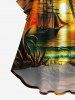Plus Size Coconut Tree Sun Seascape Cloud Sailboat Print Ruched Flare Sleeve Hawaii High Low Dress -  