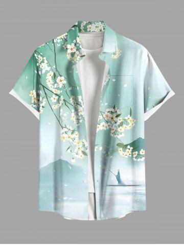 Plus Size Flower Sea Mountain Boat Print Chinese Style Buttons Pocket Hawaii Shirt For Men