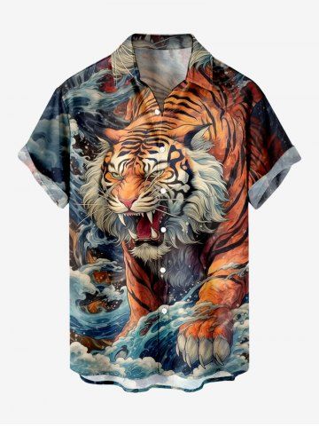 Plus Size Chinese Element Sea Waves Tiger Print Buttons Pocket Shirt For Men