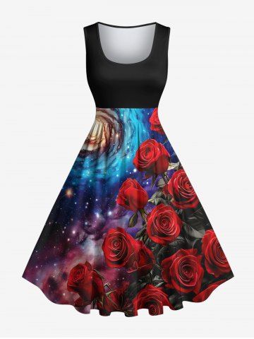 Plus Size Rose Flower Spiral Ombre Galaxy Print Hawaii Valentines Vintage Swing A Line Dress - MULTI-A - M