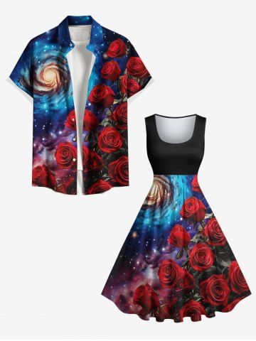 Rose Flower Spiral Ombre Galaxy Print Valentines Plus Size Matching Hawaii Beach Outfit For Couples - MULTI-A