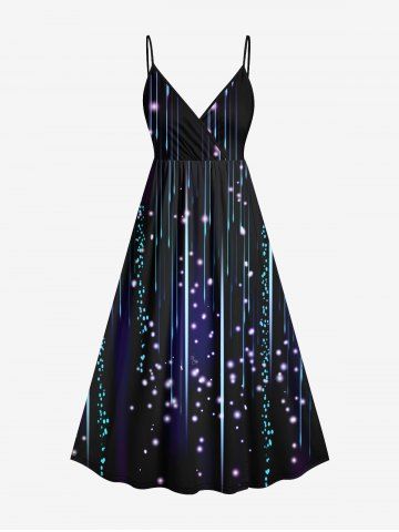 Plus Size Galaxy Star Light Beam Glitter 3D Print Surplice Cami Dress - BLACK - XS