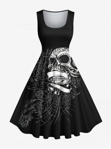 Plus Size Rose Flower Skull Spider Web Print Hawaii 1950s Vintage Dress - BLACK - S