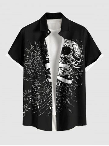 Chemise Décontractée Rose Crâne et Toile D'Araignée Imprimés avec Poche de Grande Taille pour Homme - BLACK - 4XL