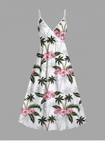 Plus Size Coconut Tree Tropical Leaves Floral Print Hawaii Surplice A Line Cami Dress - WHITE - XS