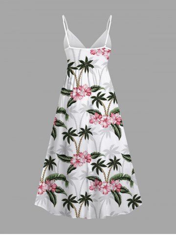 Plus Size Coconut Tree Tropical Leaves Floral Print Hawaii Surplice A Line Cami Dress