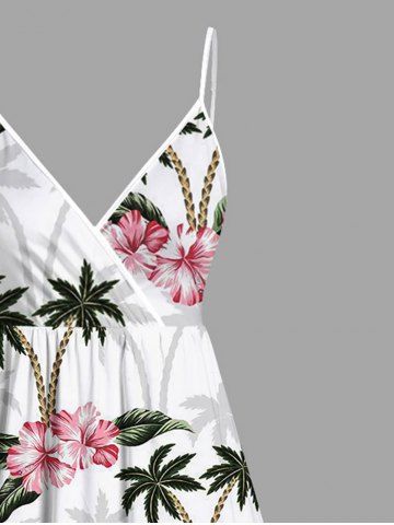 Plus Size Coconut Tree Tropical Leaves Floral Print Hawaii Surplice A Line Cami Dress