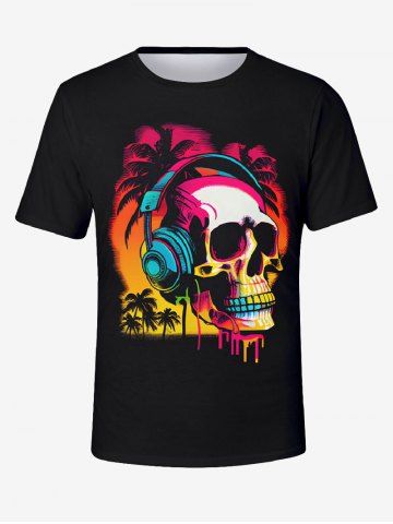 Plus Size Coconut Tree Ombre Dusk Skull Earphone Print Hawaii Music Festival T-shirt For Men - BLACK - XS