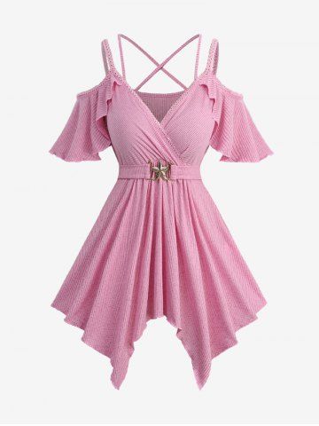 Plus Size Cold Shoulder Ribbed Solid Crisscross Surplice Handkerchief Belted Top - LIGHT PINK - M | US 10
