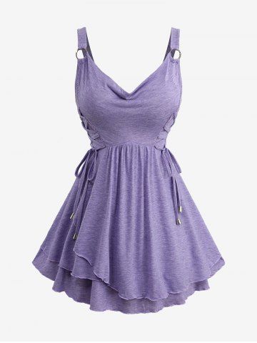 Plus Size Cowl Neck O-Ring Lace Up Ruffles Marled Heathered Tank Top - PURPLE - 4X | US 26-28