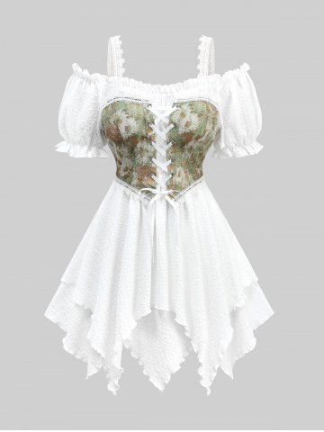 Plus Size Sunflower Oil Painting Print Grommets Lace Up Ruffles Asymmetrical Cold Shoulder Top - WHITE - M | US 10