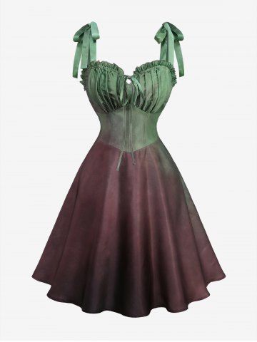 Plus Size Pleated Ruched Panel Ruffles Tie Bowknots Ombre Tank Dress - GREEN - 4X | US 26-28