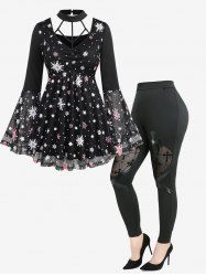 Snowflake Printed Mesh Hollow Out Panel Ruched Halter Flare Sleeves T-shirt and Pocket Leggings Plus Size Outfit -  