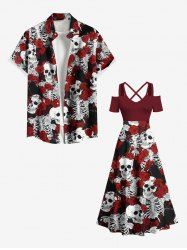 Rose Flower Skulls Skeleton Print Plus Size Matching Hawaii Beach Outfit For Couples -  
