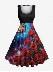 Plus Size Rose Flower Spiral Ombre Galaxy Print Hawaii Valentines Vintage Swing A Line Dress -  
