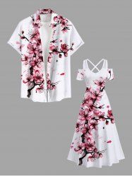 Peach Blossom Flower Branch Print Plus Size Matching Hawaii Beach Outfit For Couples -  