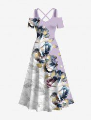 Plus Size Rose Flower Leaf Contrast Colorblock Print Hawaii Cold Shoulder Crisscross A Line Maxi Dress -  