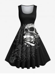 Plus Size Rose Flower Skull Spider Web Print Hawaii 1950s Vintage Dress -  