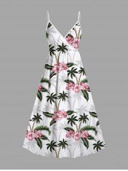 Plus Size Coconut Tree Tropical Leaves Floral Print Hawaii Surplice A Line Cami Dress -  