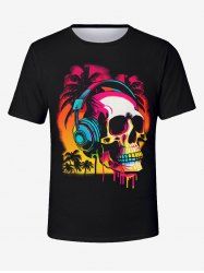 Plus Size Coconut Tree Ombre Dusk Skull Earphone Print Hawaii Music Festival T-shirt For Men -  