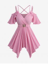Plus Size Cold Shoulder Ribbed Solid Crisscross Surplice Handkerchief Belted Top -  