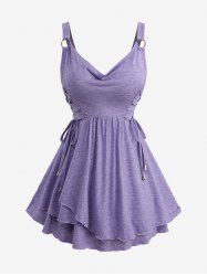 Plus Size Cowl Neck O-Ring Lace Up Ruffles Marled Heathered Tank Top -  