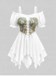 Plus Size Sunflower Oil Painting Print Grommets Lace Up Ruffles Asymmetrical Cold Shoulder Top -  